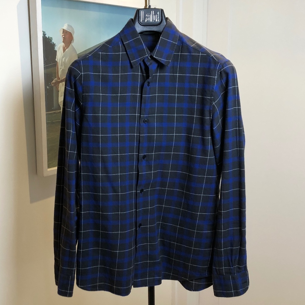 Agnes B Men's Blue & Charcoal Plaid Button Down Shirt - Size Medium